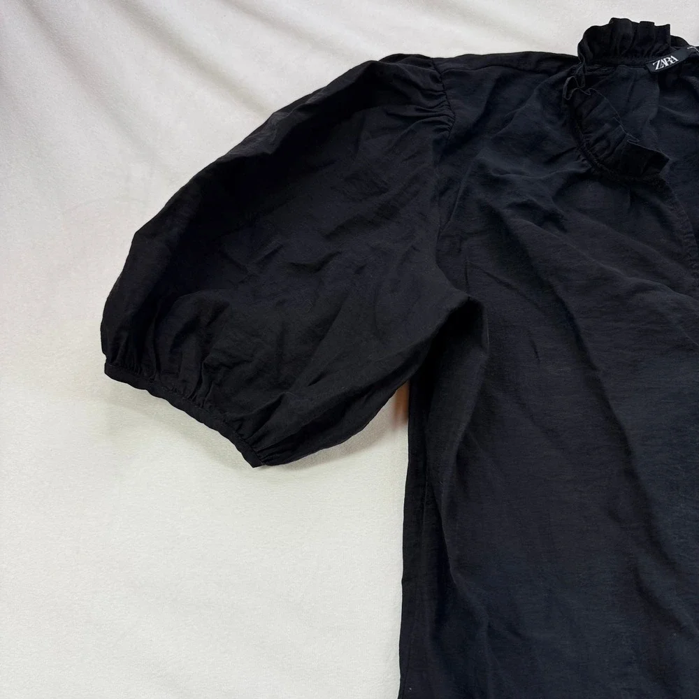 Zara Black Puff Sleeve Ruffle Neck Mini Dress Dropped Waist Medium